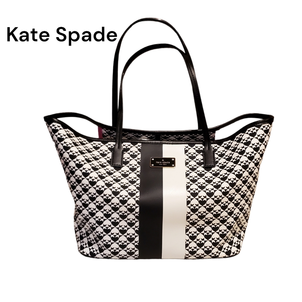 B & W Spades Tote Bag Margareta Penn Style PVC & Leather Excellent Condition